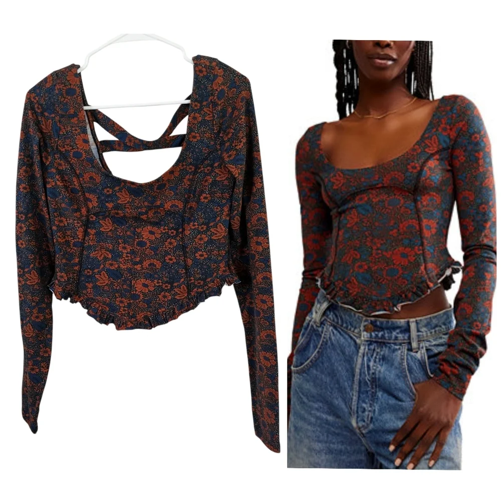 Free People Melanie Printed Riffle Long Sleeve Floral Scoop Neck Open Back Blous
